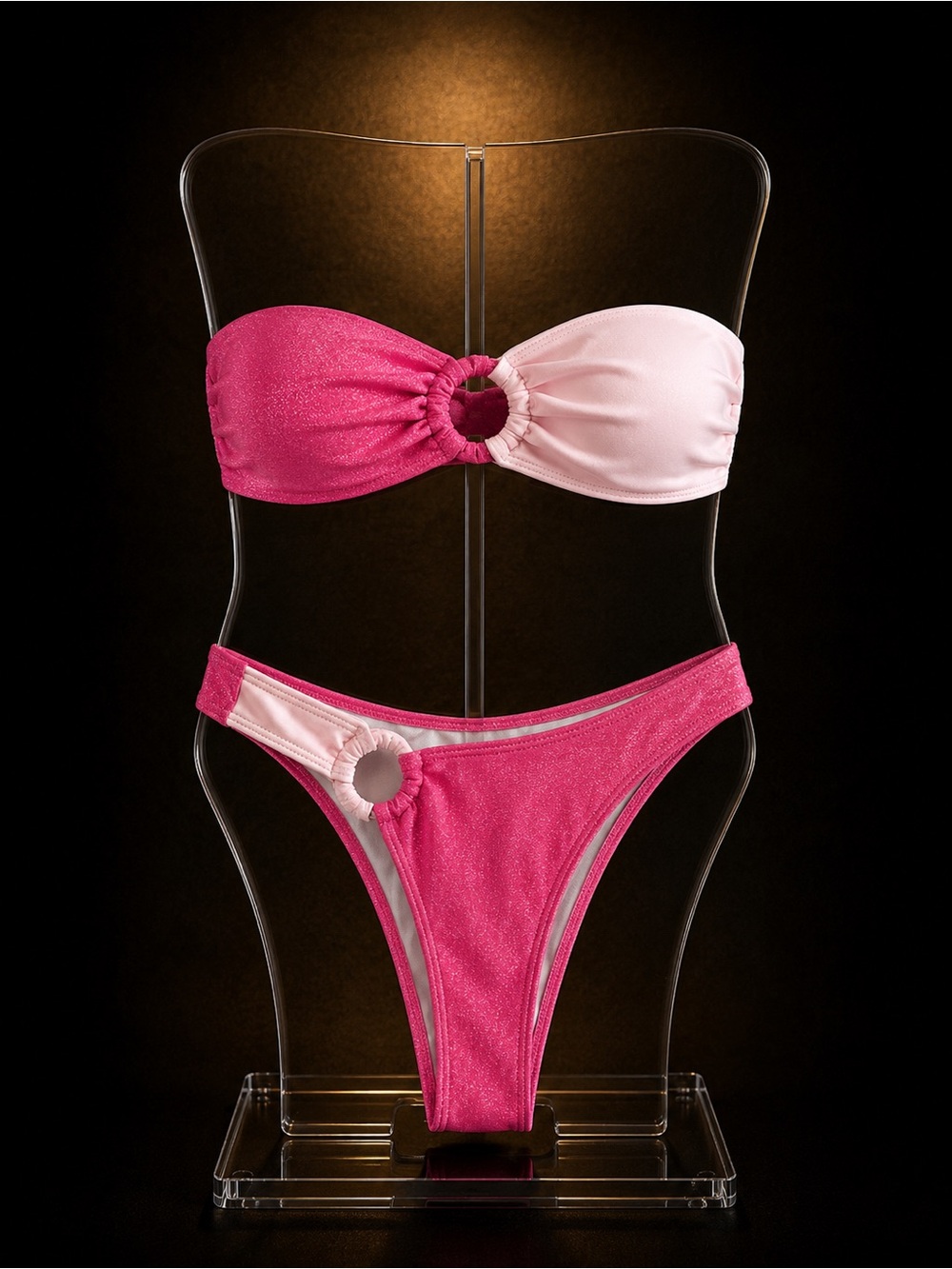 Two-Tone Pink Bandeau Bikini Set with Ring Detail